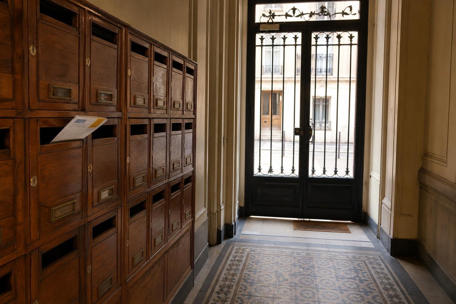 Boîtes aux lettres dans le hall d'un immeuble ancien, une lettre recommandée dépassant d'une fente